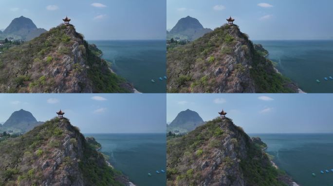 云南玉溪市抚仙湖禄充风景区笔架山航拍风光