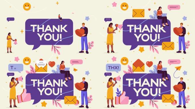 感谢卡。移动的横幅上有心怀感激的人物，微笑的表情符号和竖起大拇指。电子邮件设计或贺卡与感谢的话语泡沫
