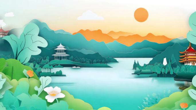 剪纸风格江南水乡中式园林