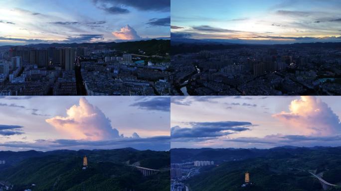 文山城市文山晚霞夜景航拍