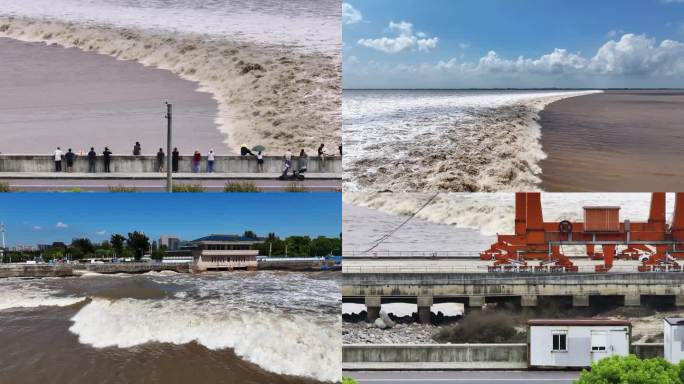 杭州市海宁钱塘江通透一线潮水4k素材