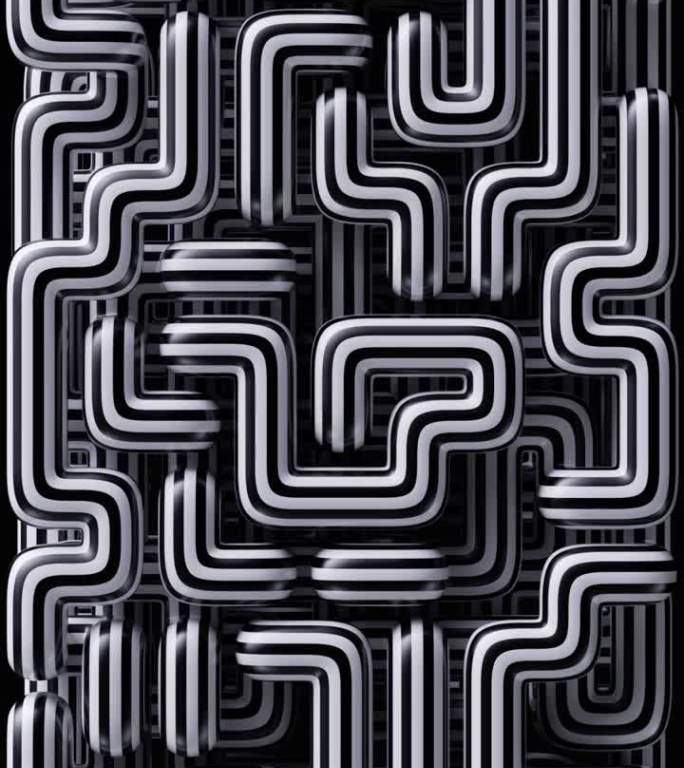 三维抽象几何背景与催眠黑白条纹移动，循环垂直视频，连续序列