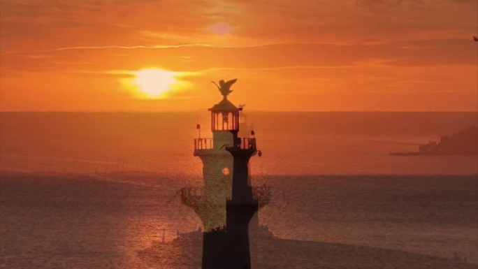 洪泽湖绝美晚霞灯塔大湖落日运输船只霞光