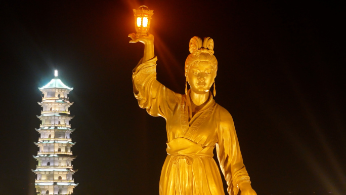莆田湄洲岛妈祖雕像夜景航拍