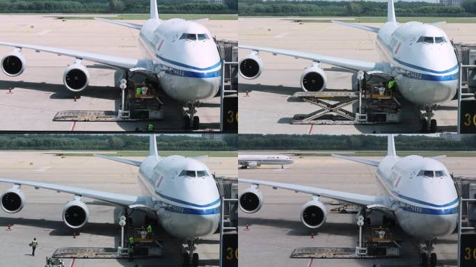 停机坪飞机装载货物延时视频