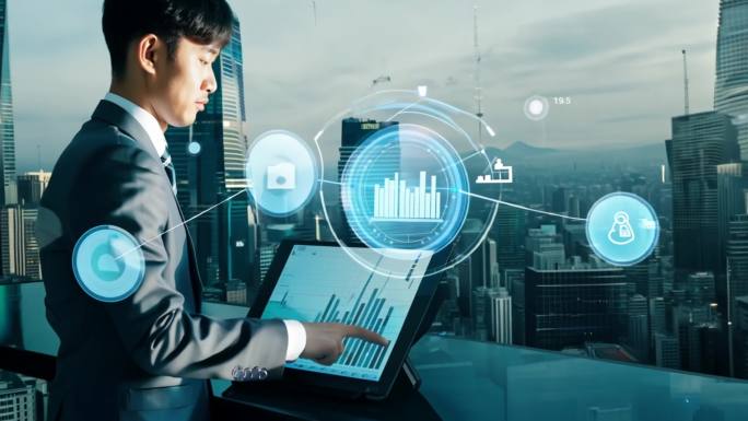 中国商人穿着西服革履在操作全息屏幕数据