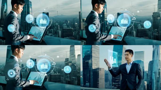 中国商人穿着西服革履在操作全息屏幕数据