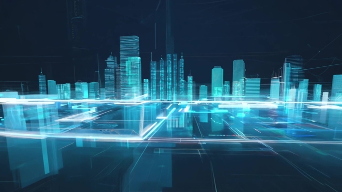 科技感虚拟数据光束粒子城市高楼空间