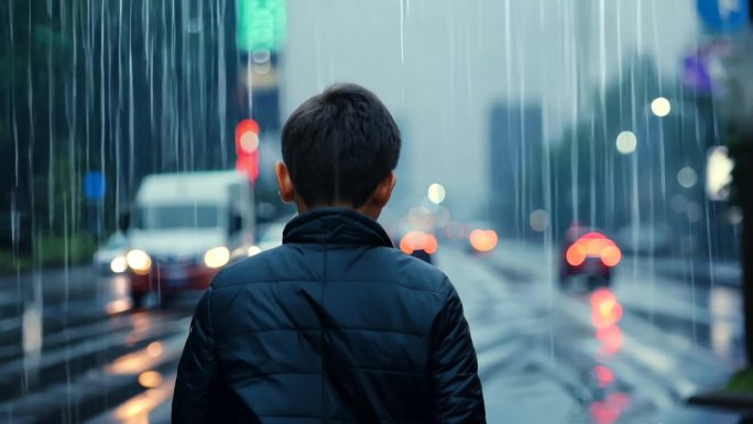 雨中街道的青年行人 离家出走