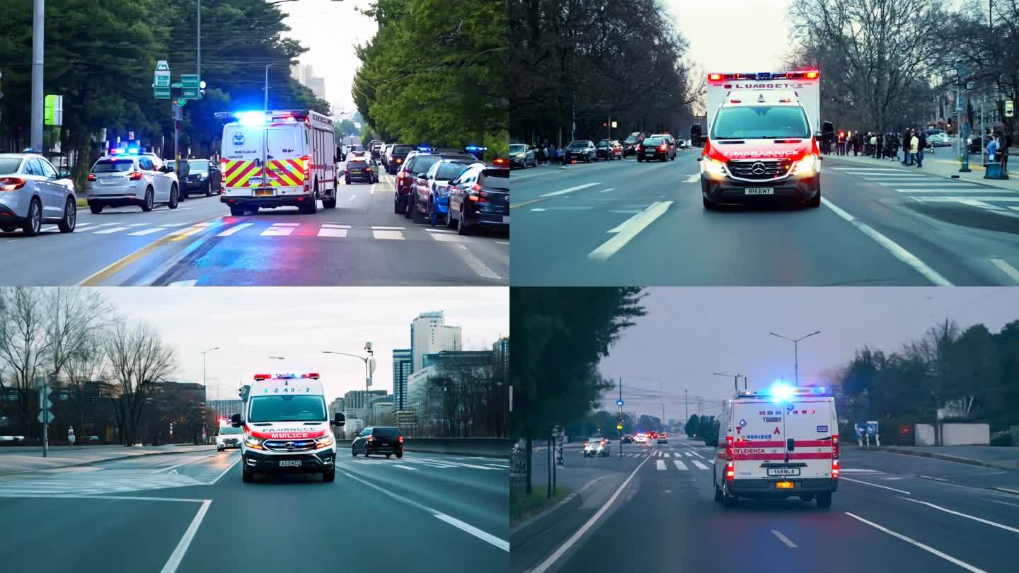 120救护车快速开走穿过马路急救抢救