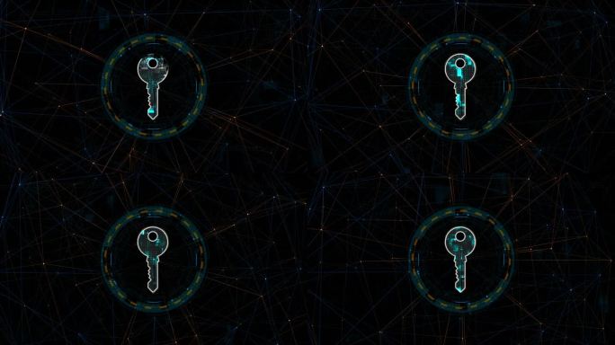 动态图形的蓝色数字安全关键标志与圆形未来HUD元素和橙色线连接与网络防火墙技术和数据安全概念抽象的背