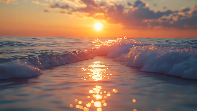 金色海浪与落日余晖慢镜头