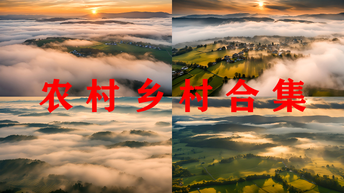 美丽乡村云海日出农村合集村庄云雾缭绕风景