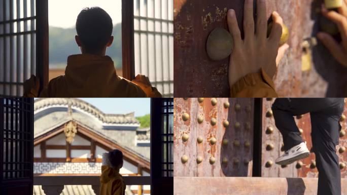 人物推开大门寺庙大门门钉推开双手推门特写