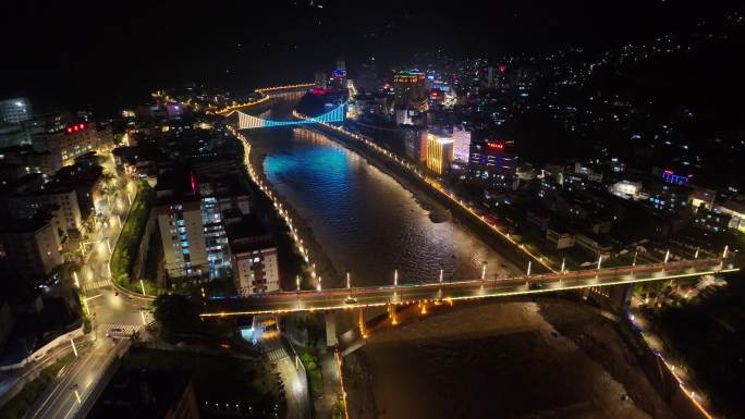 云南怒江州福贡县城市建筑夜景风光航拍