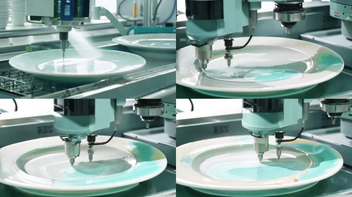 机械手操作陶瓷盘 精细釉彩喷涂工艺