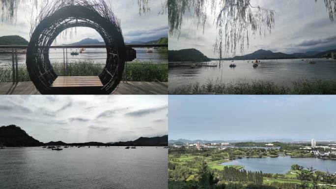 雁西湖美景唯美山水湖面柳树船只