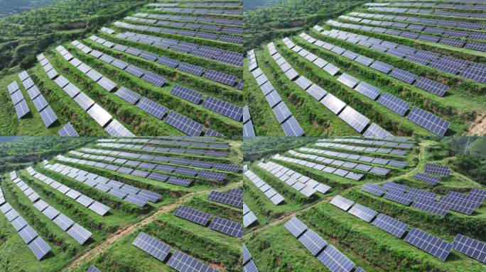 山坡上太阳能光伏基地发电站航拍