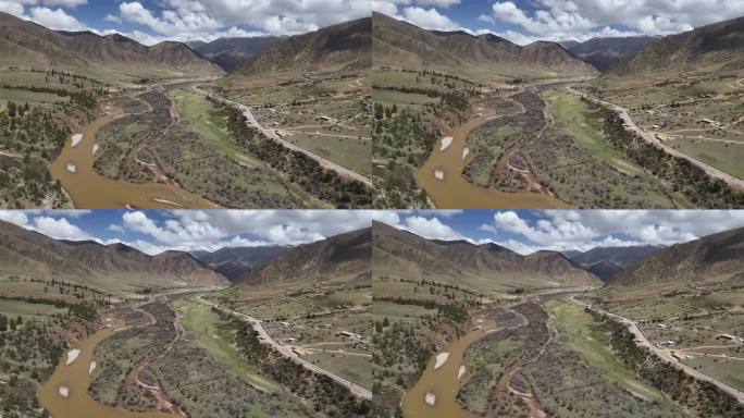 G214青藏线类乌齐县紫曲公路风光航拍
