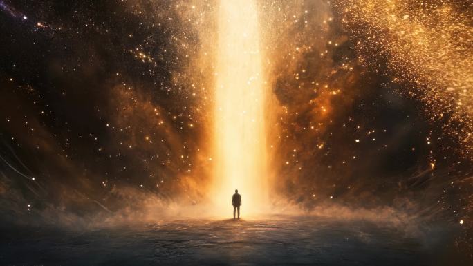 站在金色光柱下的人物背影与粒子星云