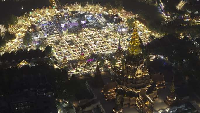 西双版纳景洪告庄星光夜市航拍城市夜景风光