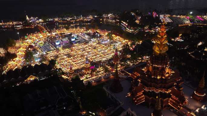 西双版纳景洪告庄星光夜市航拍城市夜景风光