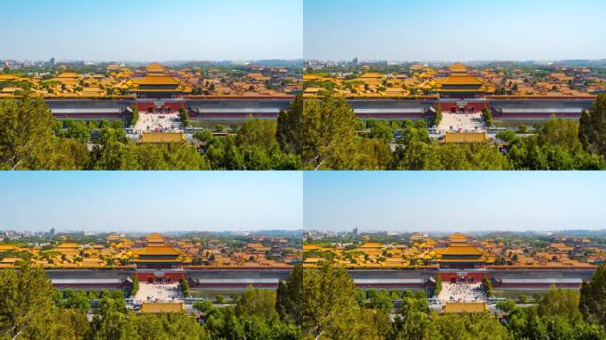 云在上空移动，游客参观故宫传统建筑，紫禁城，中国。中国关于鼠疫的古代皇宫太和殿