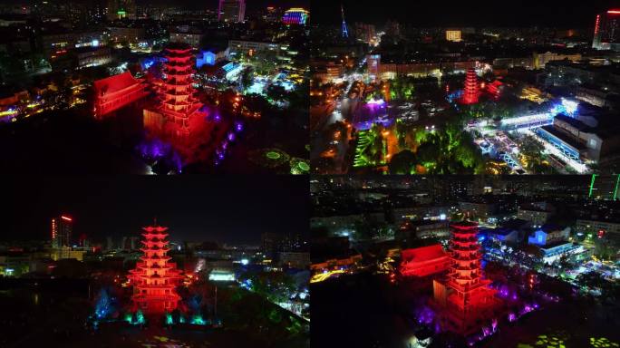 甘肃省张掖市木塔夜景航拍大景【组镜】