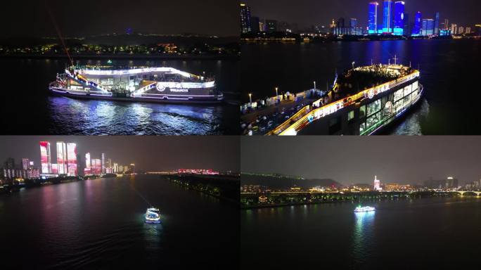 长沙湘江夜游船航拍4k