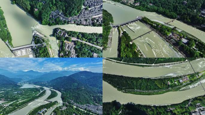 四川成都都江堰水利工程航拍4K