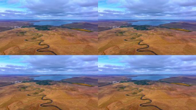 航拍乌拉盖湖秋天九曲湾