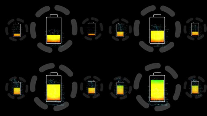 电池、能源和发光充电技术，环保、可持续性或电力。科技，霓虹和数字抽象的电力图标为生态动画与燃料黑色背