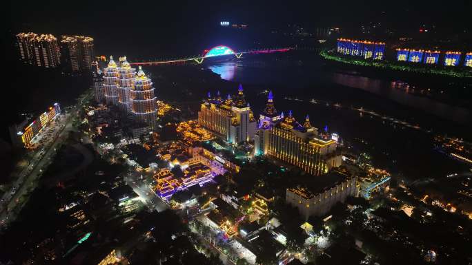 西双版纳景洪市城市天际线航拍夜景风光