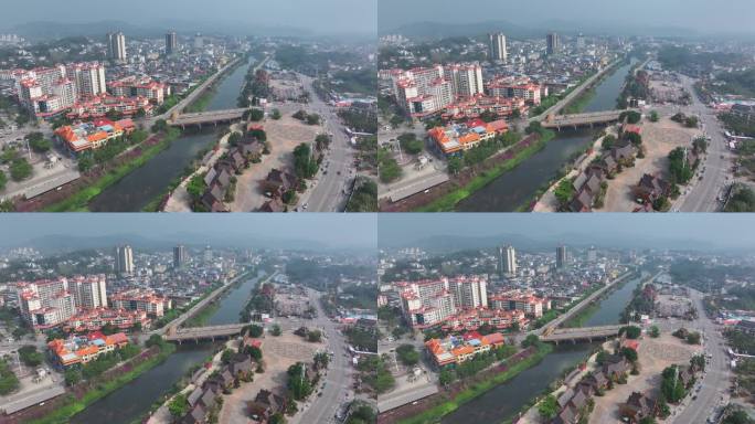 云南西双版纳勐腊县南腊河城市建筑航拍风光