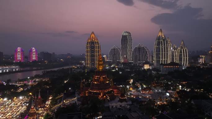 西双版纳景洪告庄城市天际线夜景风光航拍