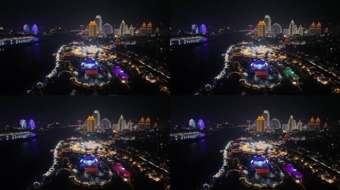 西双版纳景洪告庄星光夜市航拍城市夜景风光