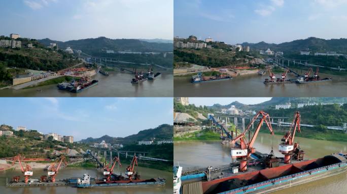 长江边煤炭装运码头航拍4K