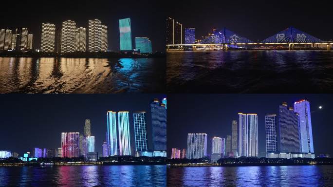 游船视角长沙湘江两岸夜景城市空镜