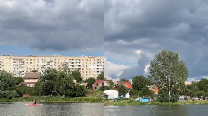 乘游艇在桥下旅行，航行，许愿乌克兰文尼察南布格河。沿河漂流，从河上眺望城市