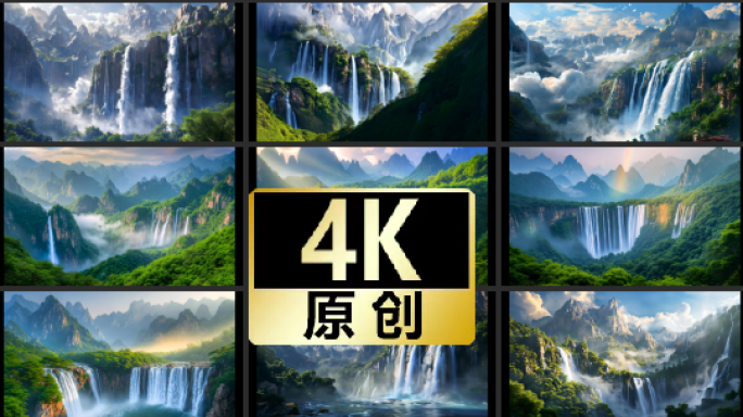 瀑布山水高山流水中国风山水舞台背景 合集