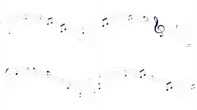 音乐音符流动的动画孤立的白色背景。