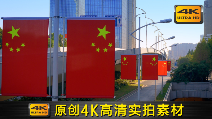 2024国庆中秋街道红旗城市氛围4K原创