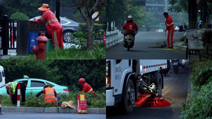 清晨环卫工人清扫道路 环卫车洒水车工作