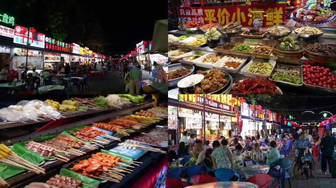 夜晚热闹的大排档夜市
