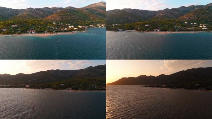 动态风筝板和宁静的冲浪在沿海的大海
