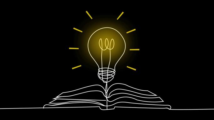 从书看教育观念与创新观念。知识和创造力。发光的灯泡出现从打开的书与绘图线动画风格。黑色背景
