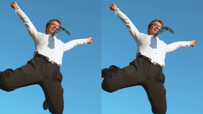 时光扭曲:快乐的商人在度假前庆祝完成工作。