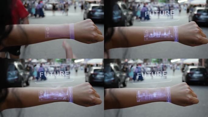 女性之手激活未来全息图
