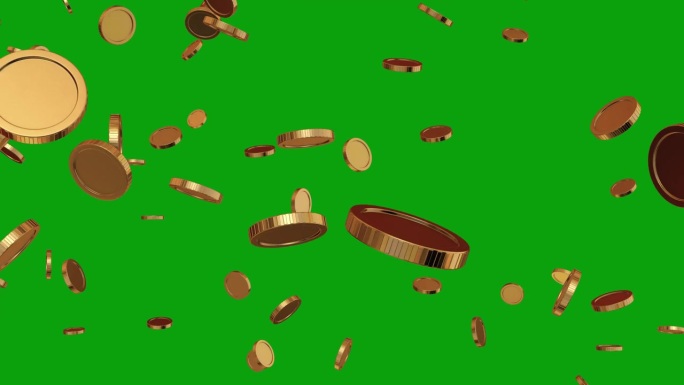 金币符号下降- 3D渲染。金币落下，绿屏背景。3 d动画。发光的金币从框架的顶端落下，形成一个无限的