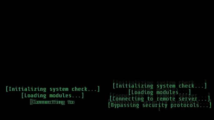 垂直视频。黑屏绿色文字显示入侵过程，包括系统检查、文件下载、数据解密、系统关机破解完成。